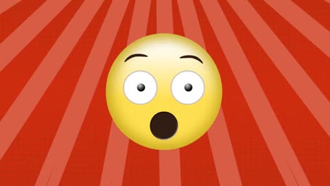 animation of surprised face emoji against radial rays in seamless pattern on red background