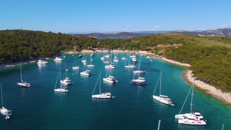 yachts dock in a bay near the coastal city of croatia against a backdrop of blue skies and blue clear water, green lush trees and houses with red roofs