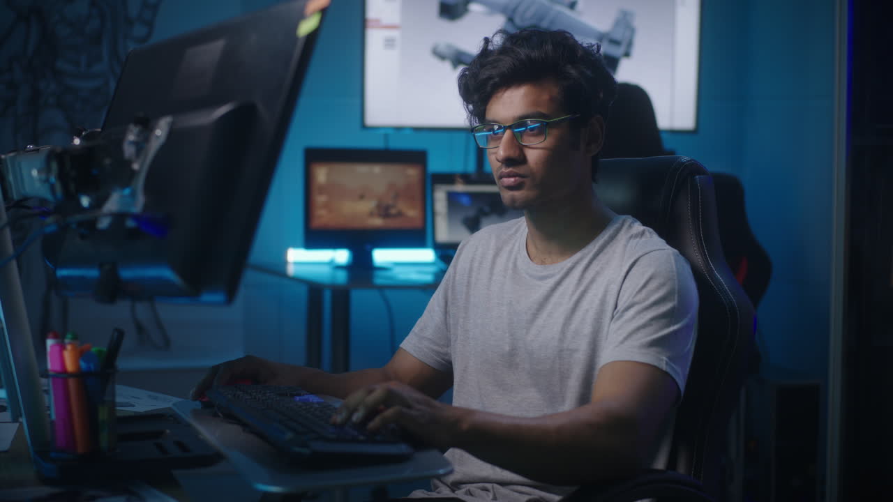 Man working on computer at night