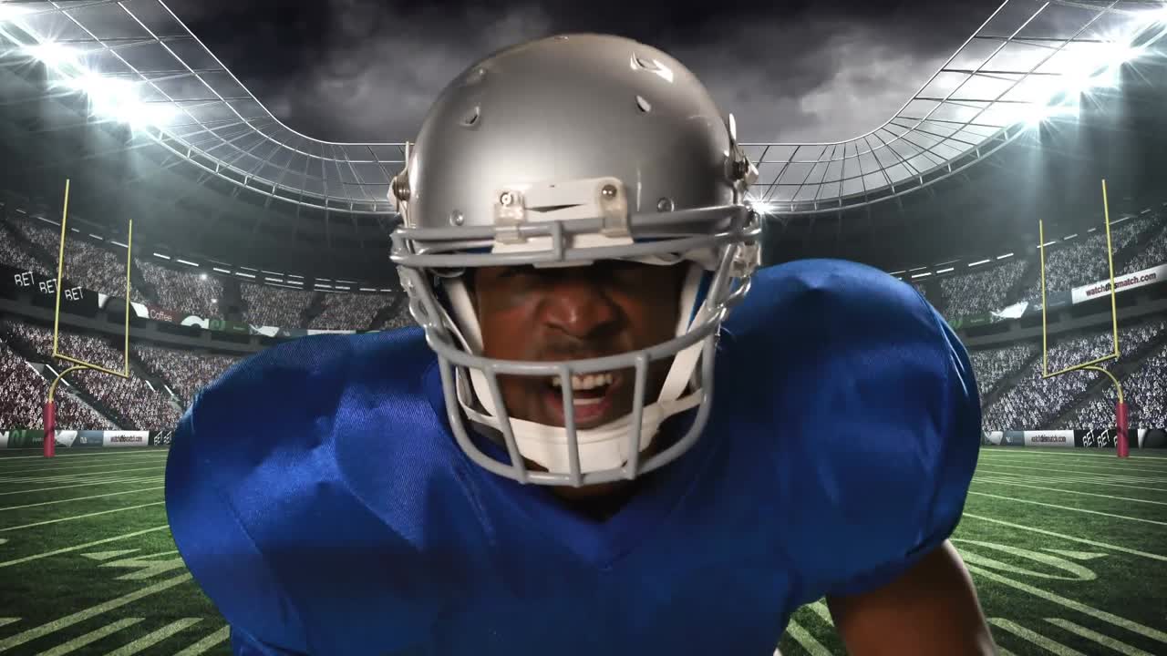 Animazione di un giocatore di football americano su uno stadio sportivo