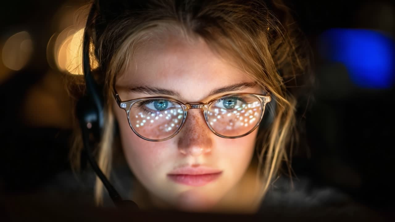 Focused Concentration: A Young Female with Glasses and Headset Engages in Deep Thought During a Late-Night Session, Illuminated by Screen Light in a Dark Environment