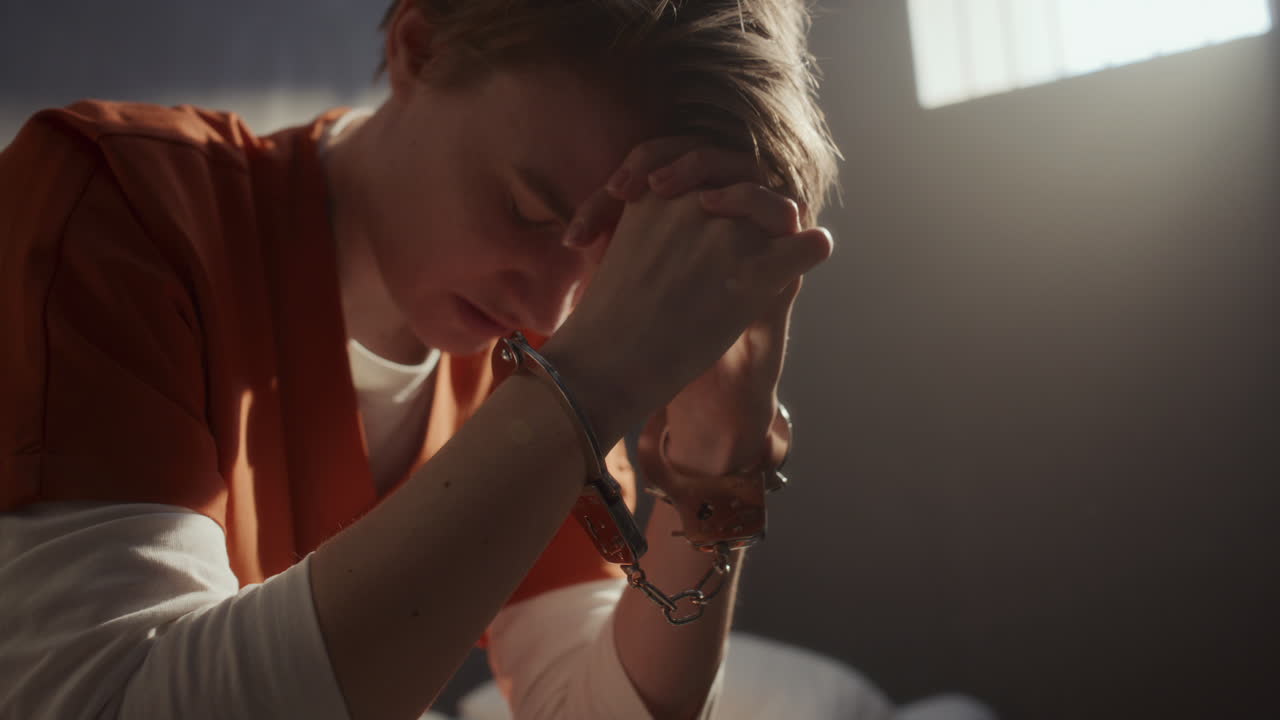 Female Inmate in Handcuffs Whispering Prayer in Prison Cell