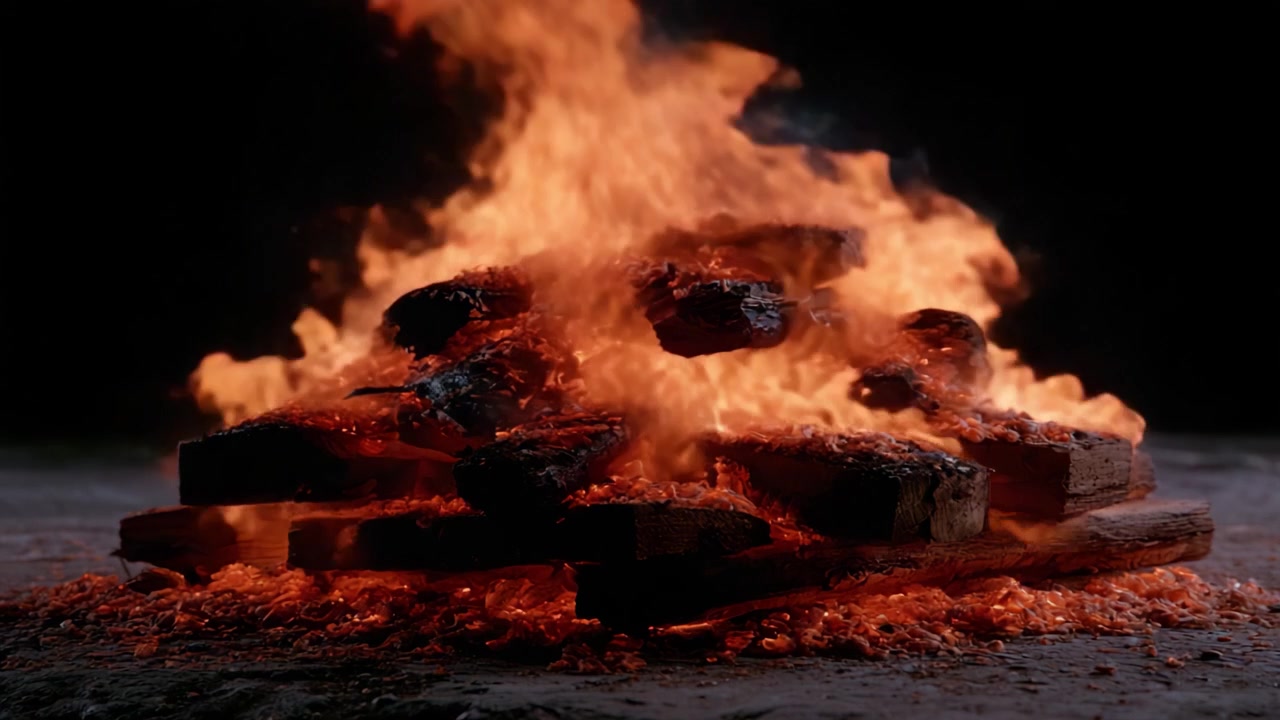 Llamas dinámicas brotando de una pila de leña humeante, capturando la intensa belleza del fuego y su danza en un entorno oscuro