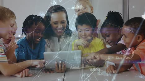 Teacher-and-children-looking-at-a-digital-tablet-in-the-classroom-surrounded-by-animation-of-data-co