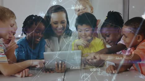 teacher and children looking at a digital tablet in the classroom surrounded by animation of data co