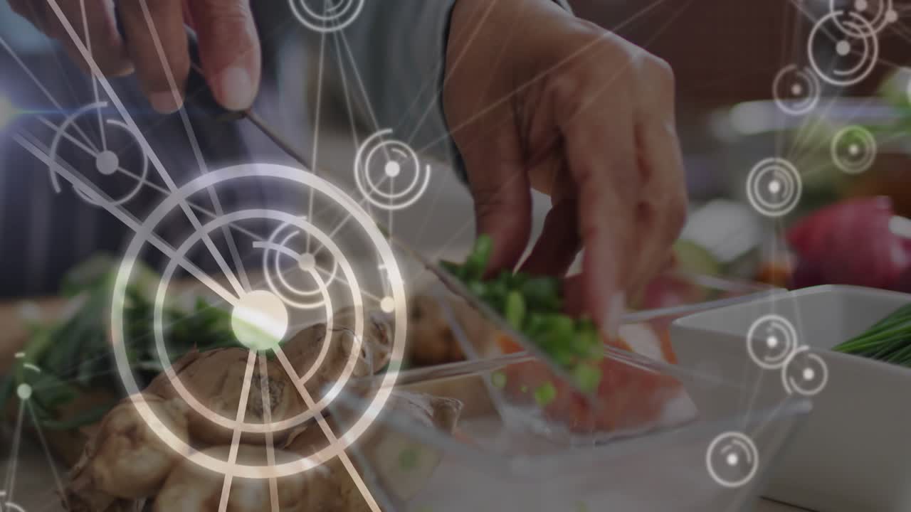 Senior woman's hands chopping green beans after HUD circles appearing, guiding food preparation