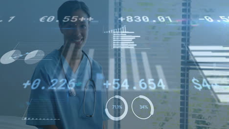 animation of data processing and diagrams over biracial female doctor wearing stethoscope