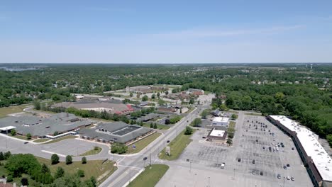 aerial over supermarket parking lots in wealthy suburban area, indiana