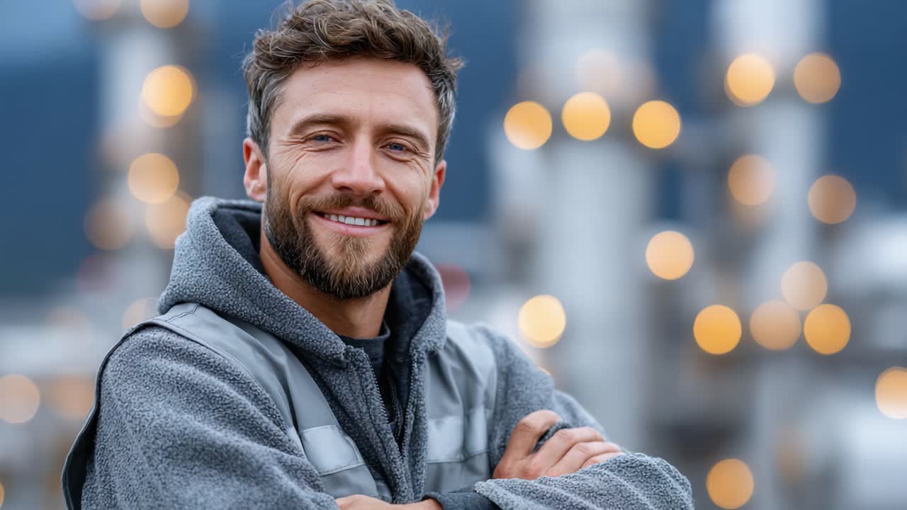 Confident Man in Work Attire Smiling Against Blurry Industrial Background Showcasing Professionalism and Approachability in a High-Tech Environment