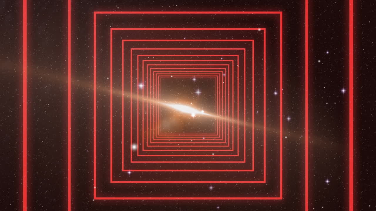 우주 에서 빛나는 별 들 과 대비 하여 원활 한 움직임 을 보이는  ⁇ 은 사각형 모양 의 디지털 애니메이션