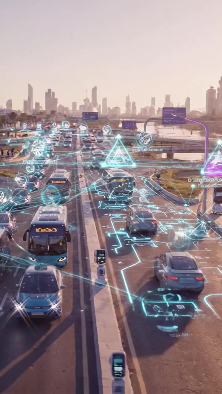 Futuro dei trasporti intelligenti: veicoli autonomi e sistemi di autobus avanzati in un paesaggio urbano futuristico che rappresenta connettività e modernità.