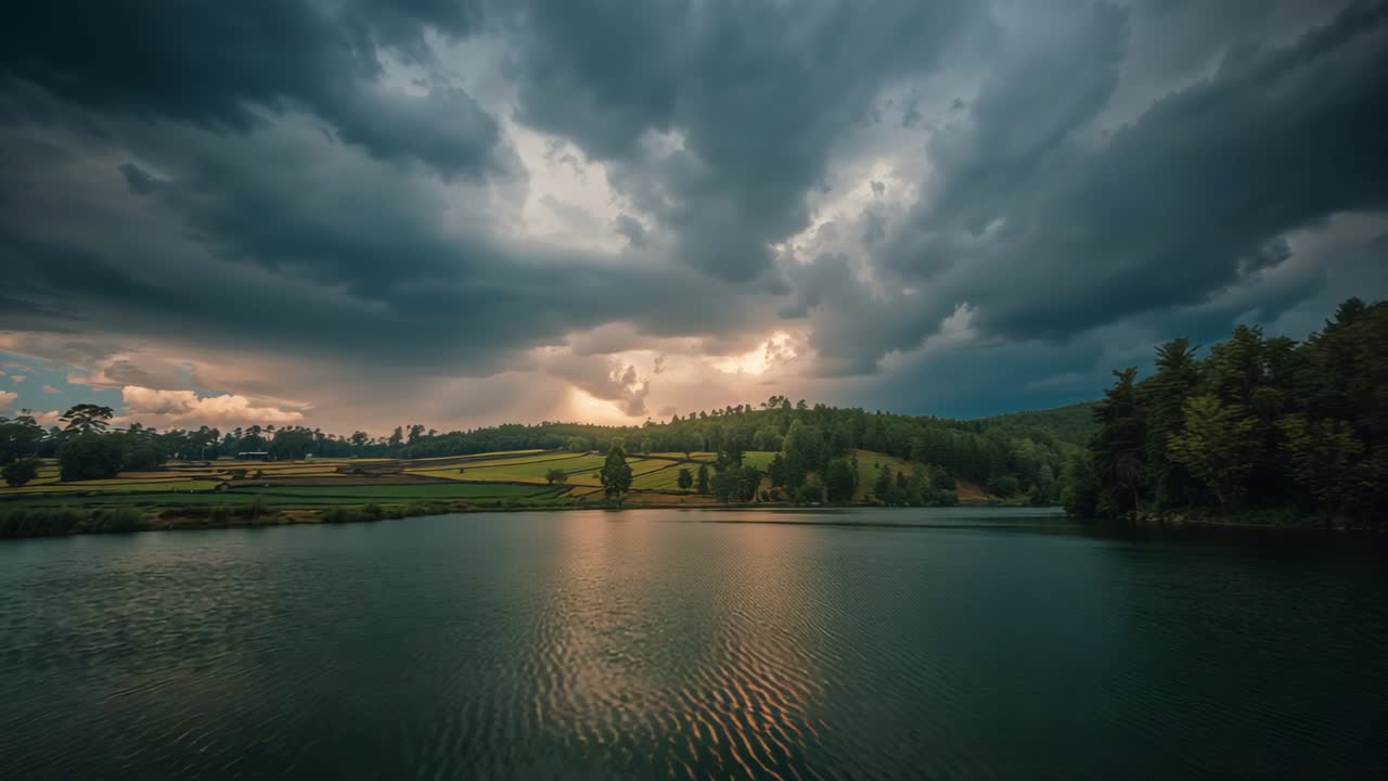 Drifting storm clouds across lake, allowing sun rays piercing farmland and forest, rippling water