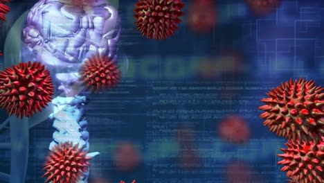 Multiple-covid-19-cells-over-dna-structure-spinning-over-digital-tablet-against-data-processing