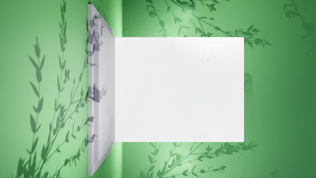 modelo de anuncio de cartel blanco con fondo verde y sombras de ramas, vertical