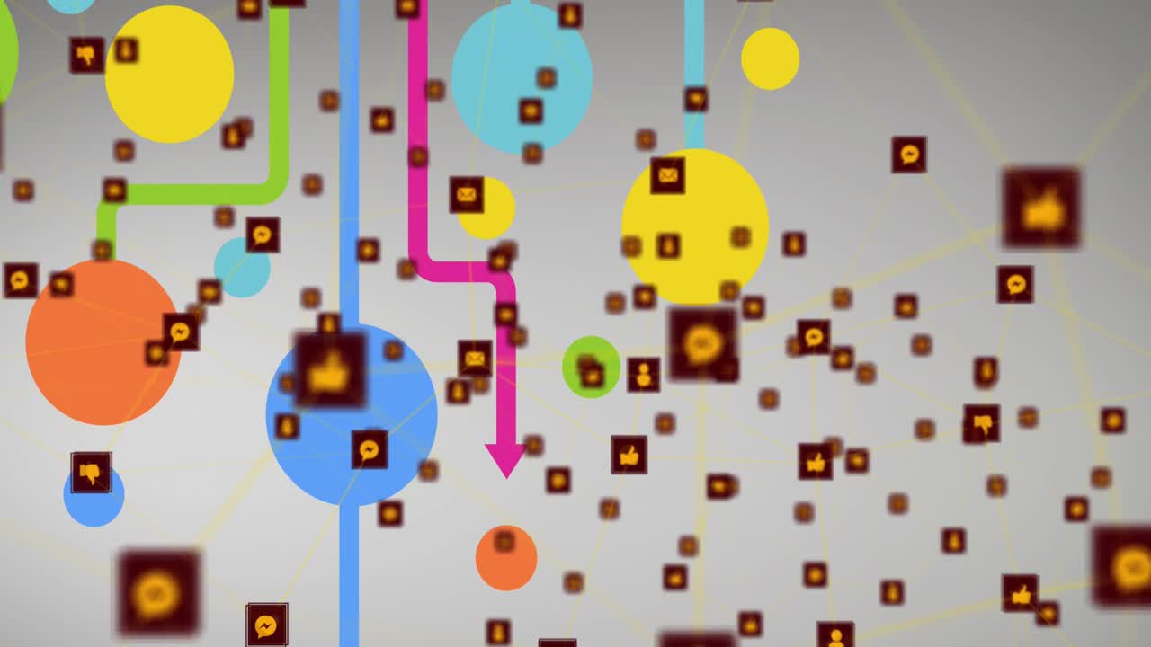 Animation of multiple digital icons over abstract colorful shapes against grey background
