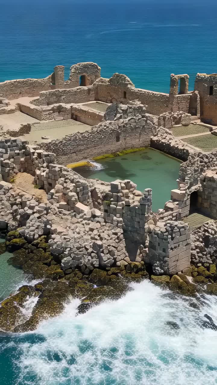 Video verticale: un'onda impetuosa, generata dalla mareggiata, si infrange sulle rovine di pietra sul promontorio, scoprendo una pozza di marea