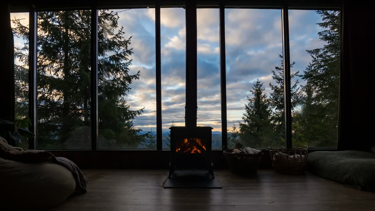 Stove burning in a living room with a large window in the forest. Time lapse