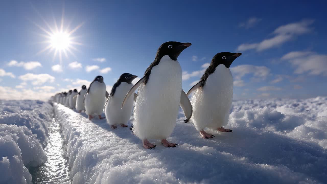 A Line of Adélie Penguins Marching Across Snow Under a Bright Sun, Capturing the Beauty of Nature in the Arctic Landscape