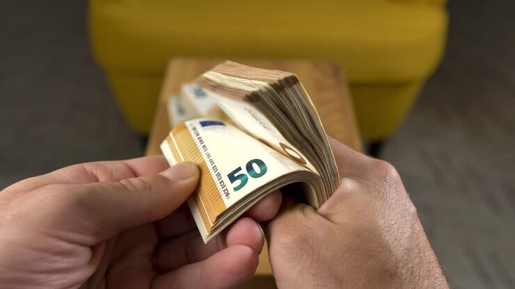 Gros plan sur des mains feuilletant des billets de cinquante euros, comptant de l'argent, plan fixe