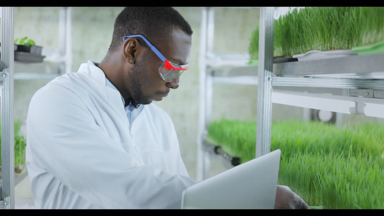 Scientist working on a laptop in a vertical farming facility