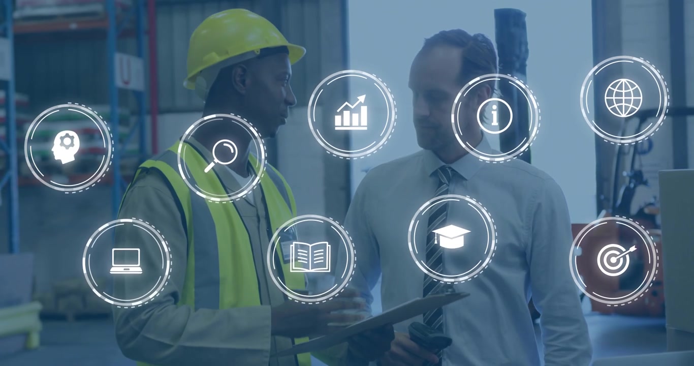 Lagermedarbejder og leder diskuterer logistik med digitale ikoner.