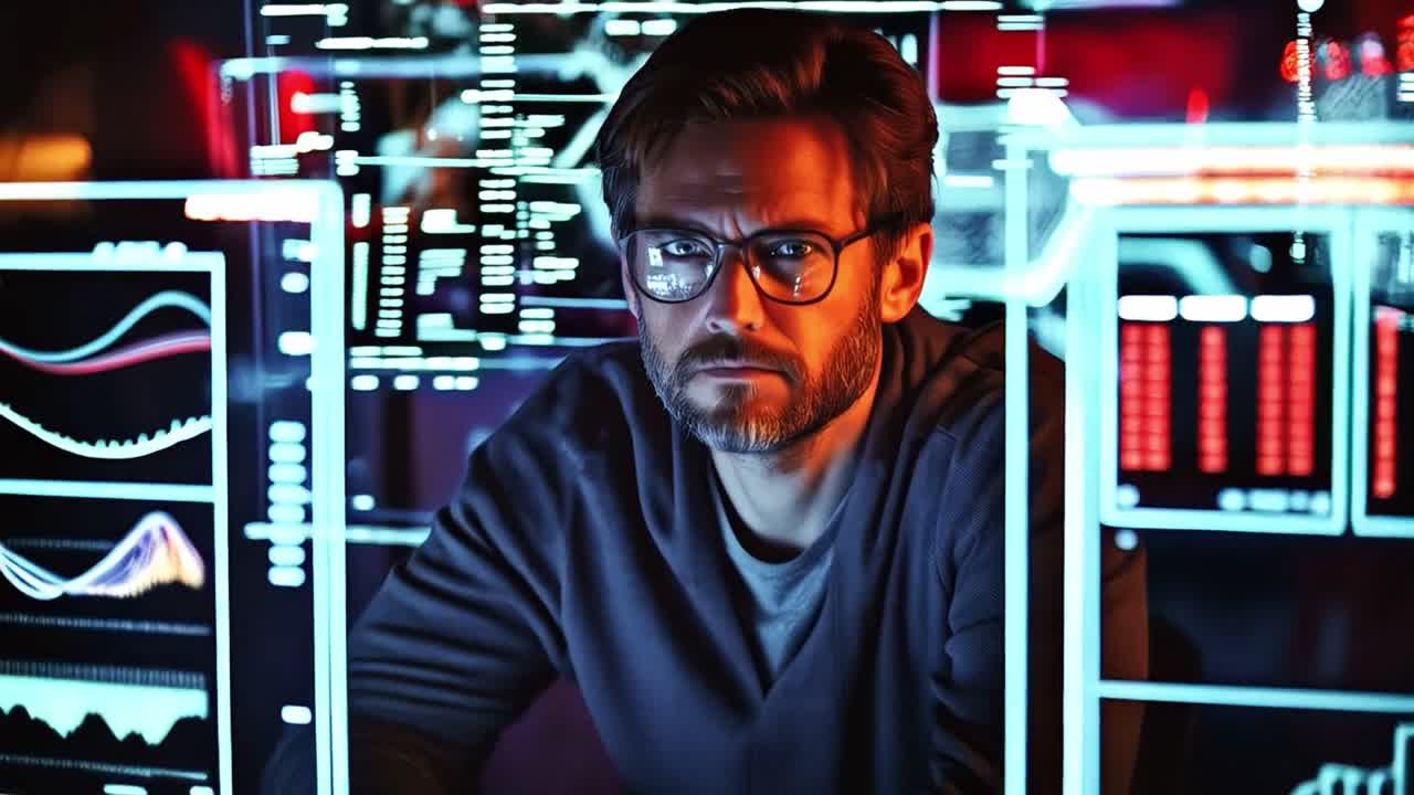 A man in glasses in front of computer screens