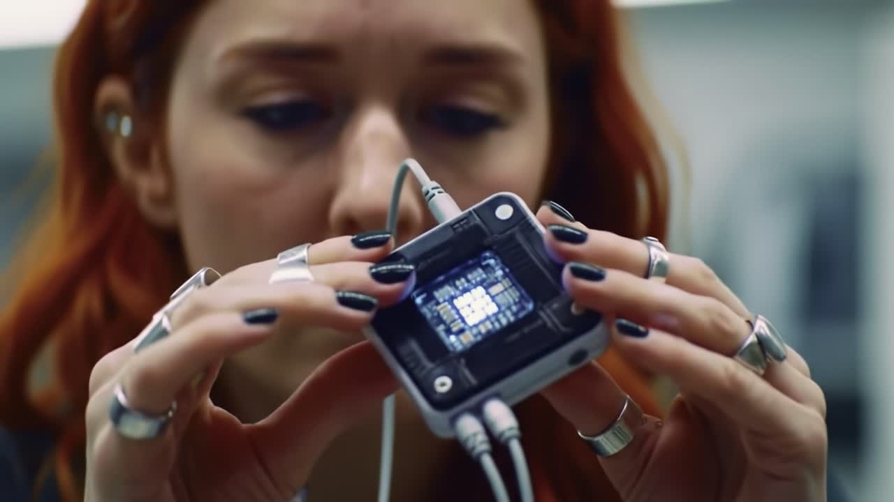 A young woman with red hair uses a compact digital device while focusing intently on its screen. The setting is a modern tech environment filled with advanced equipment and tools.