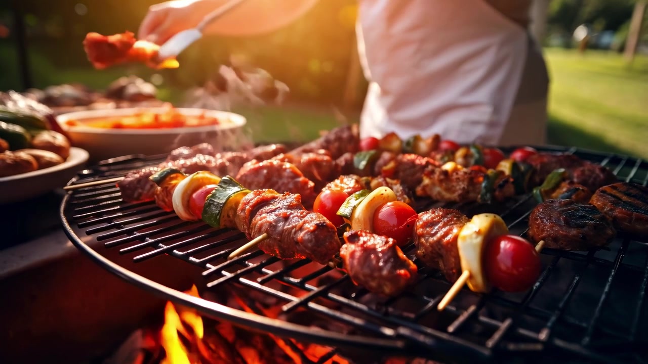 Herkullisia liha- ja kasvisvartaita grillaamassa grillissä