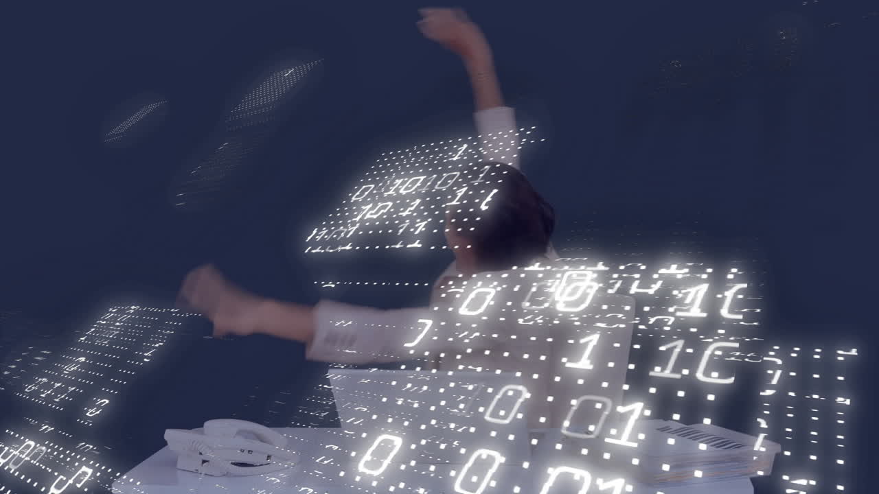 Woman stretching on chair in tech business office, with desk phone and floating binary code panels