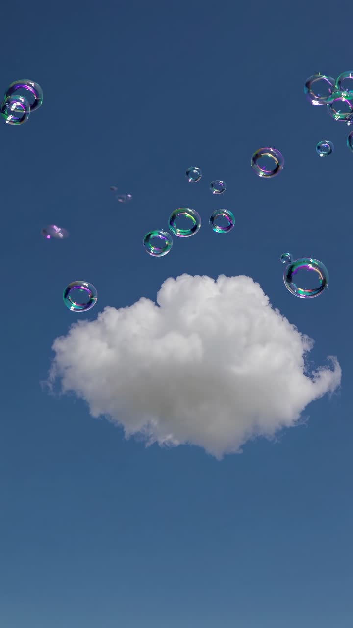 Surreal video scene with a low-angle view of a fluffy cloud and iridescent bubbles floating