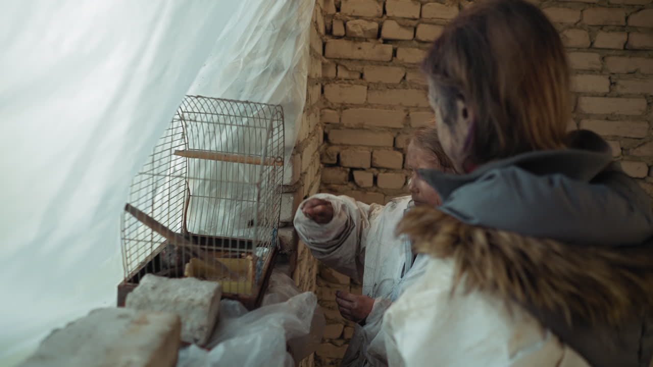 Wanderers in tattered clothes stare at wired cage placed on windowsill as young girl rubs object on rusted bars, faces smeared with soot reflect fatigue, survival, curiosity, and quiet desperation