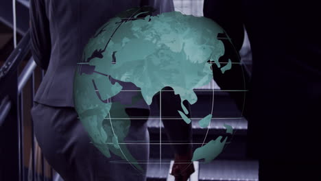 animation of globe over businessman and businesswoman