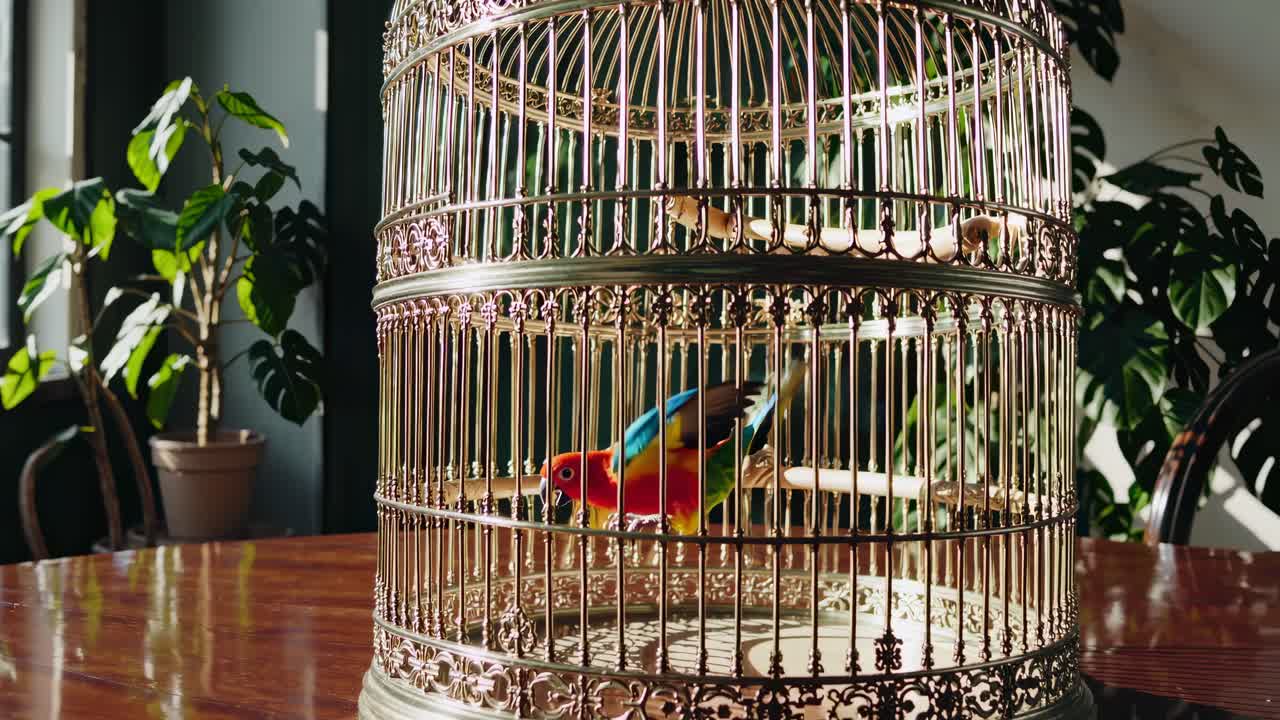 A colorful bird in a vintage cage on a wooden table, captured at eye level