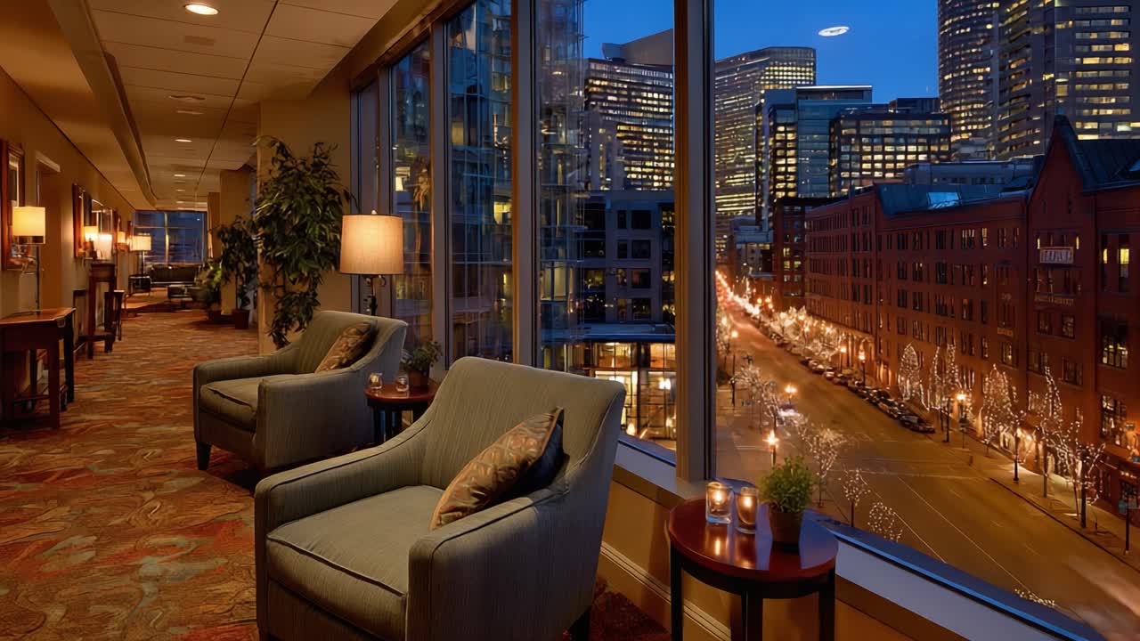 Serene Evening Lounge View Over City Streets from a High-Rise Window, Capturing the Glow of City Lights and Cozy Indoor Ambiance in an Urban Escape