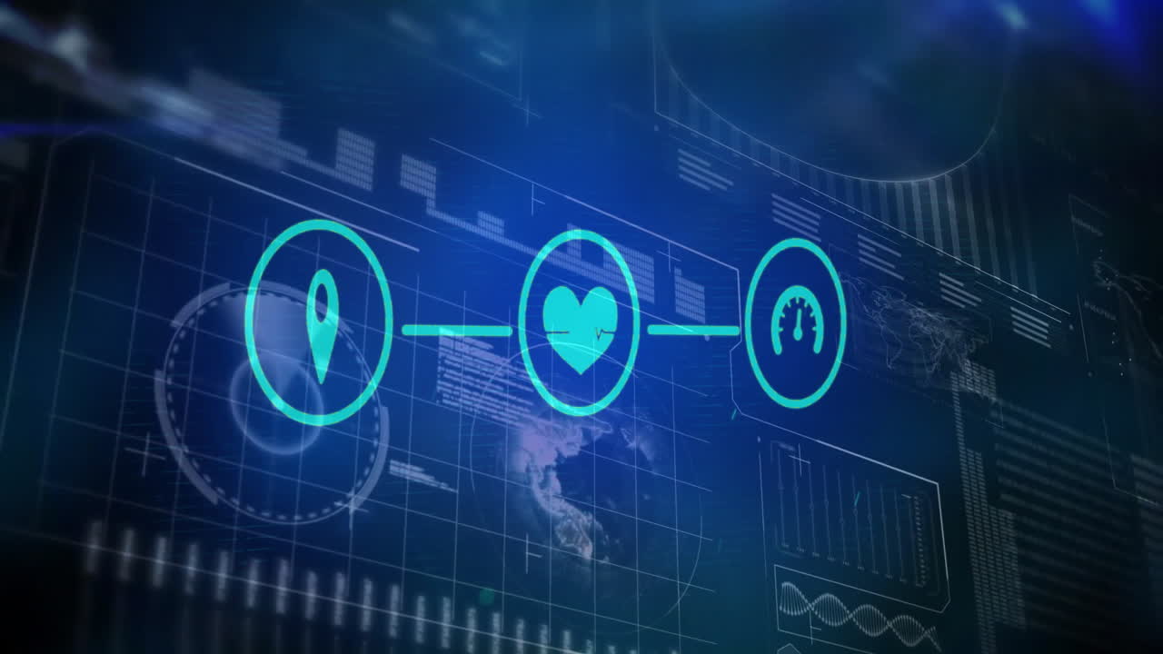 Animation of digital health monitoring icons with world map and data visualization