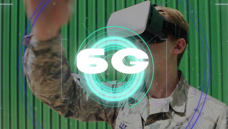animation of 6g text over scope scanning and male soldier wearing vr headset moving hands