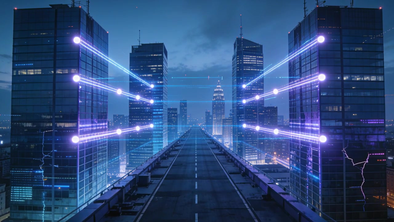 Activating tower nodes emitting purple neon beams along elevated roadway toward spire at night