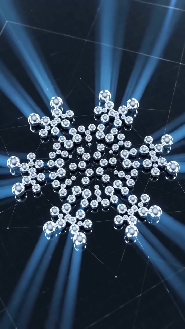 Time-sequence showing chrome spheres assembling and reorganizing across dark glossy grid floor from initial sparse rings to dense honeycomb and back to