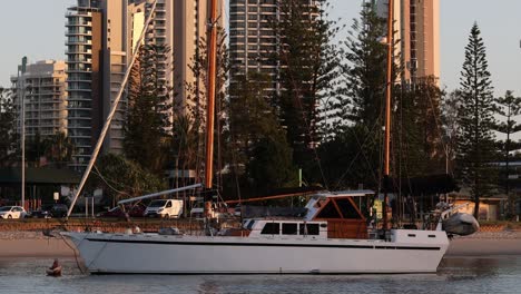 sailboats move past cityscape during golden hour