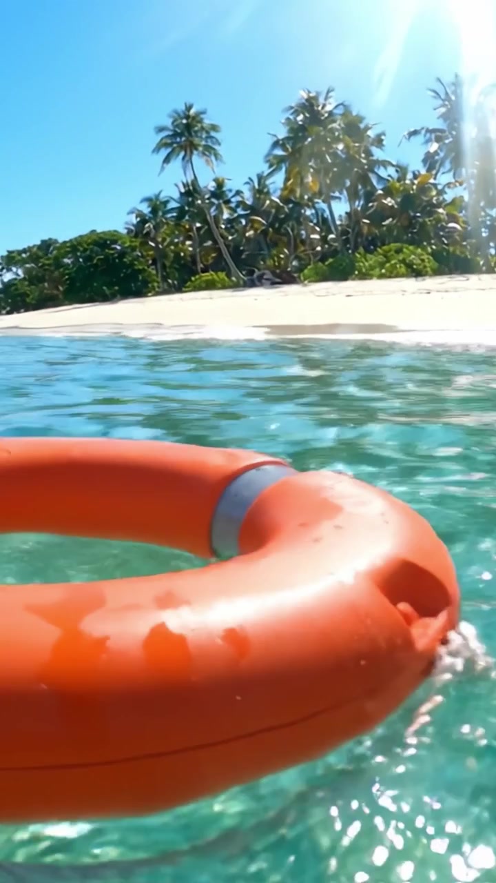 A Vibrant Scene Capturing a Bright Orange Life Buoy Floating in Crystal Clear Water with Lush Tropical Palms and Sandy Beach in the Background