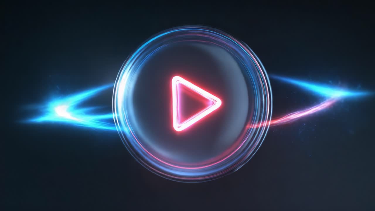 A mesmerizing visual representation of digital media control, featuring a glowing play button surrounded by vibrant light trails, capturing the essence of modern technology and entertainment