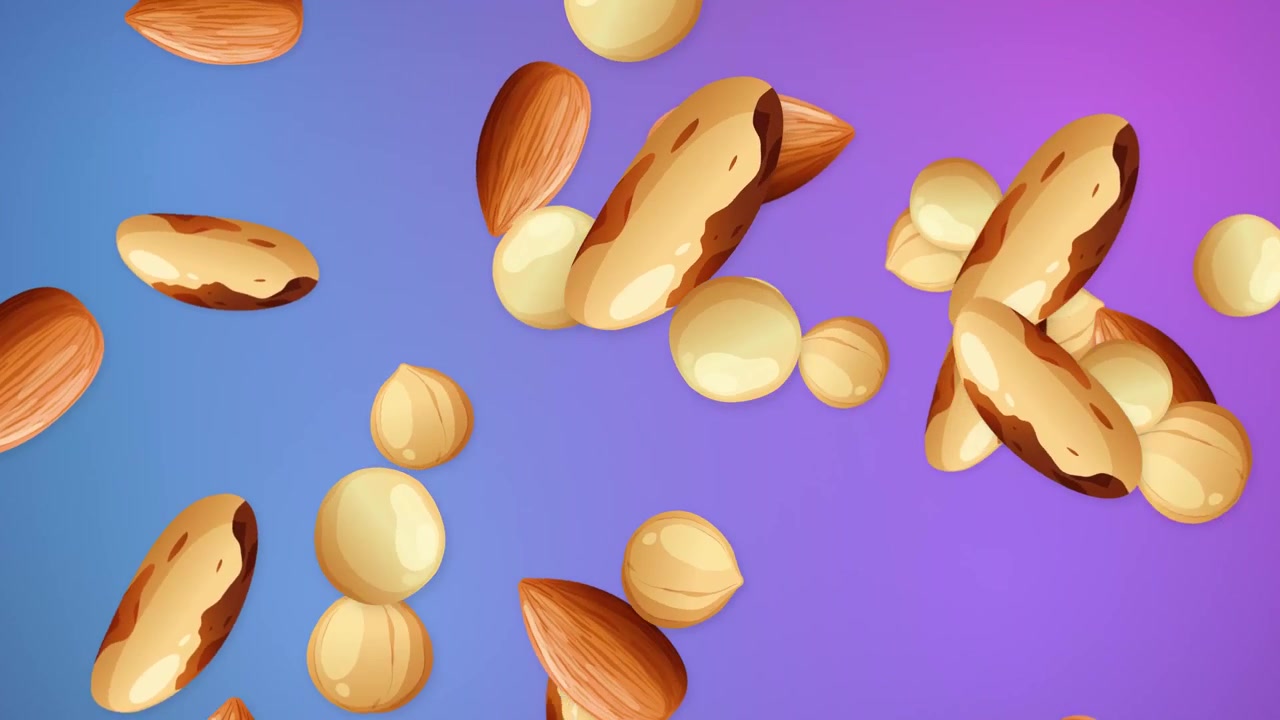 Assorted almonds, hazelnuts, and brazil nuts fall through the frame over a colorful mesh gradient.