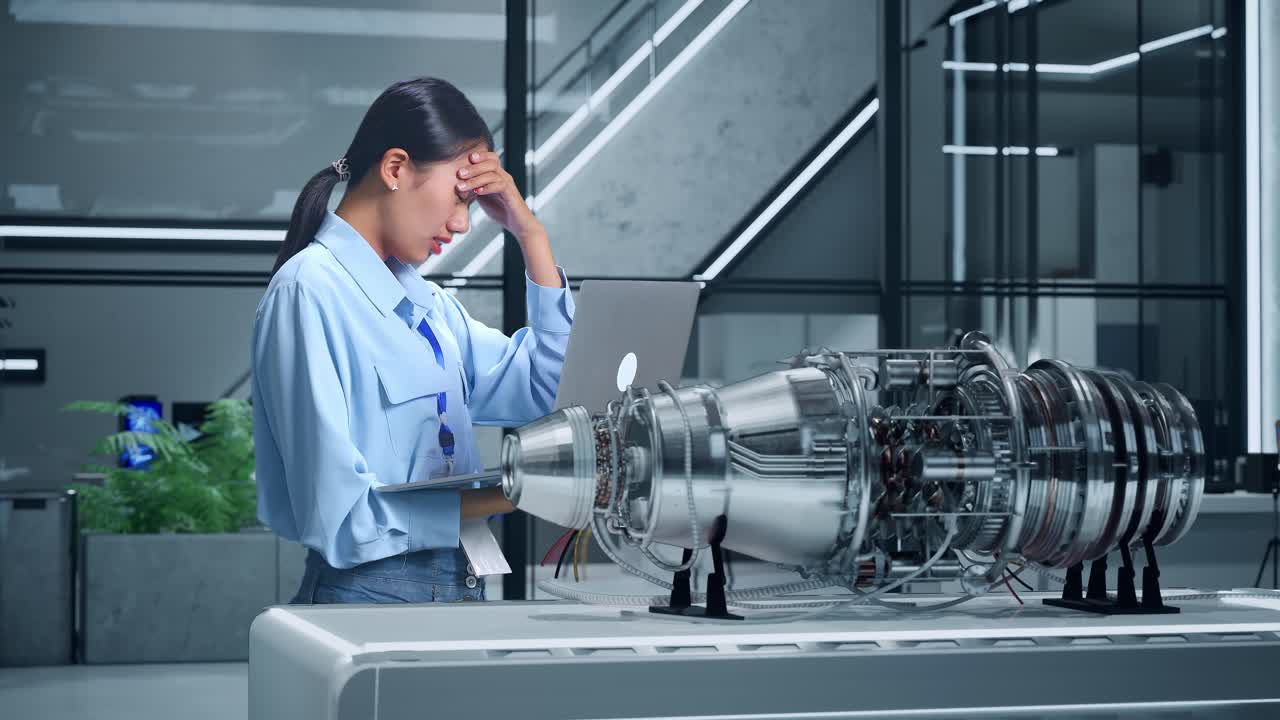 여성 엔지니어가 제트 엔진 설계에 대해 스트레스를 받았습니다.