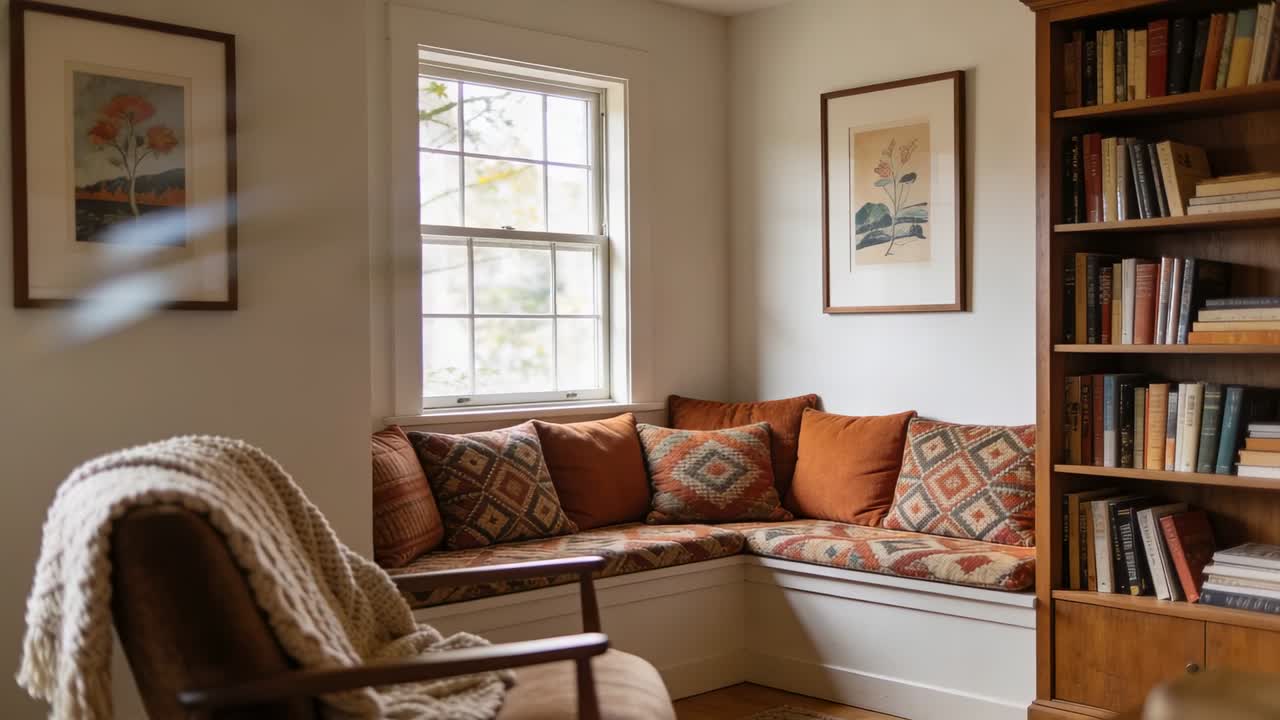 Showing bench with rust pillows in cozy nook as blur crossing foreground and sunlight shifting