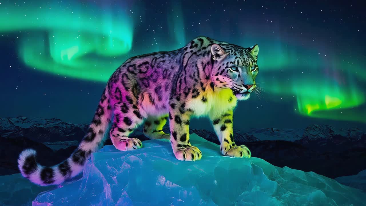 Snow Leopard Under the Northern Lights