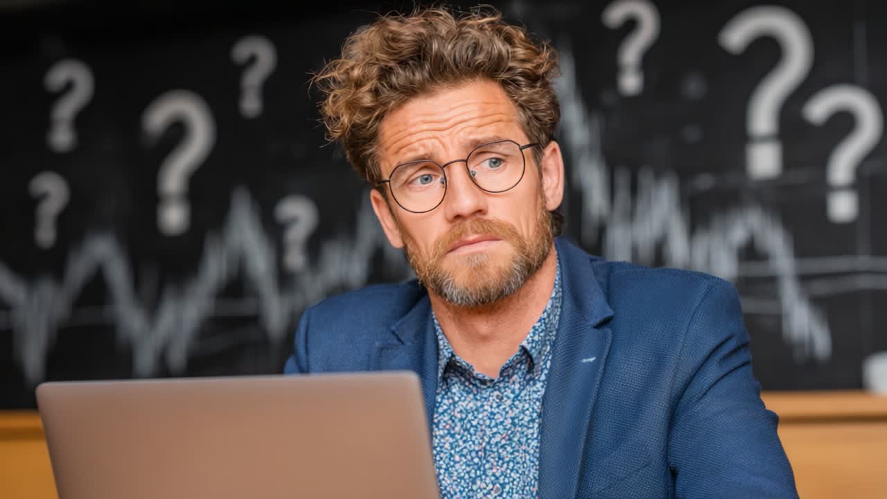 A pensive man sits in front of a laptop, reflecting thoughtfully, surrounded by question marks on a blackboard, illustrating curiosity and contemplation in a learning environment