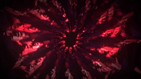 Animation-Eines-Kaleidoskops-Aus-3D-roten-Formen,-Die-Auf-Schwarzem-Hintergrund-Rotieren