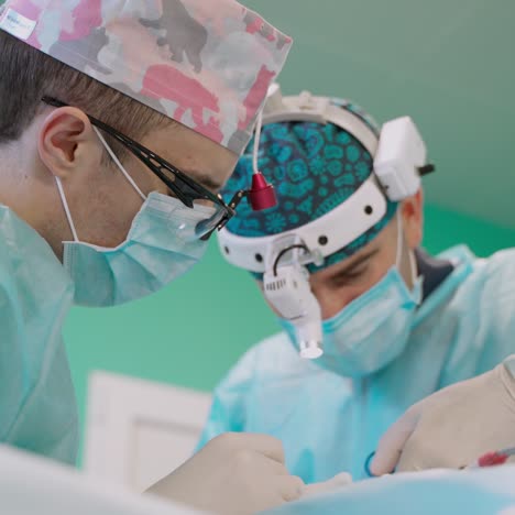 medical specialists in surgical masks and uniform. group of doctors perform plastic surgery in modern hospital. health care concept.