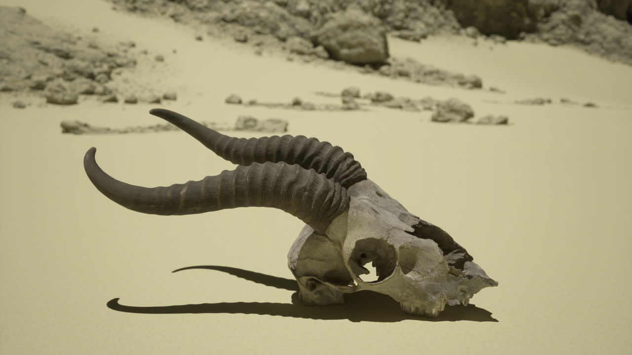 Skull with prominent horns rests on barren desert terrain under bright sunlight