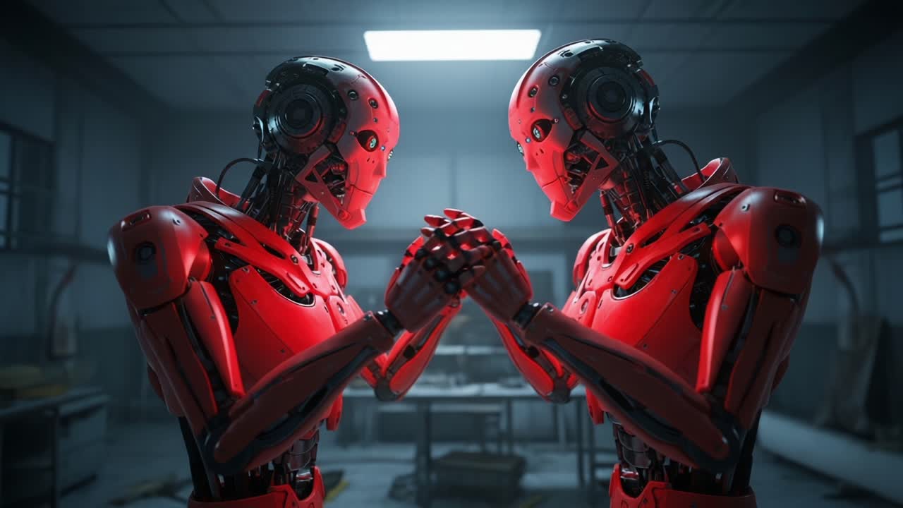 Intricate Interaction Between Two Red Robotic Figures in a Futuristic Lab Setting, Showcasing Advanced Technology and Design